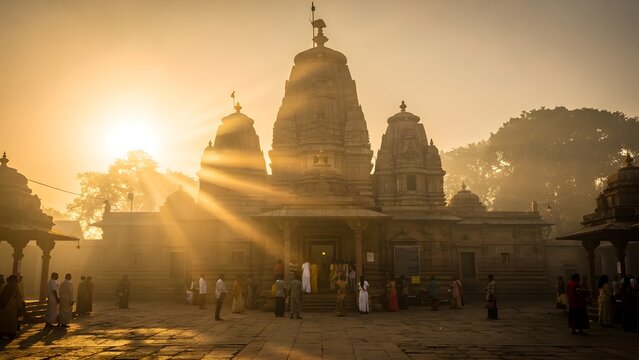 Golden sunrise illuminates an ancient Hindu temple in India, with devotees praying