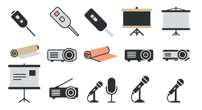 Presentation Equipment Icons: Projectors, Microphones, Clickers, Screens, and Mats