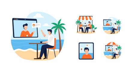 Fototapeta premium Remote Work: Man Video Calling From Tropical Beach Cafe