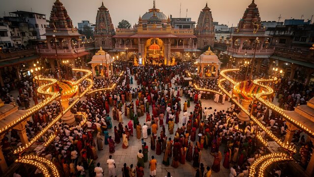 Grand Hindu temple with devotees and oil lamps during an evening festival.