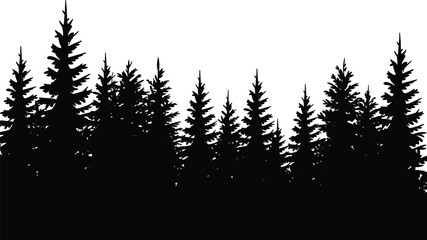 Minimalist black silhouette of a dense coniferous pine forest standing tall in a moody and serene mountain wilderness. © Vector Expert