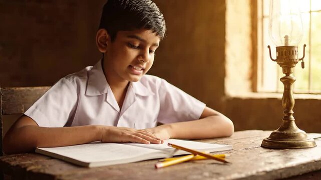 Diligent young Indian schoolboy studying a book at a rustic wooden desk with a traditional oil lamp nearby, bathed in warm sunlight.