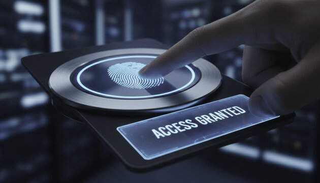 Fingerprint scanner access granted finger blue light security biometric Touch on glowing scanner panel grants secure identity verification in digital data center
