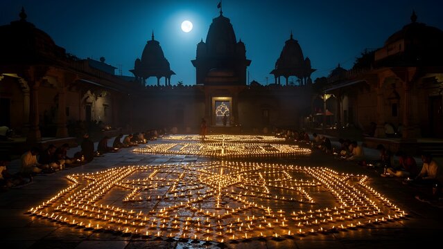 Hindu devotees celebrating sacred festival with thousands of glowing oil lamps in a temple courtyard under a full moon at night