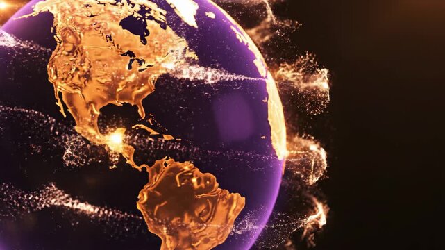 A mesmerizing animation of a digital Earth globe with golden continents and glowing particle trails, symbolizing global connectivity and data flow.