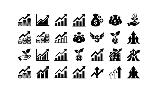 Financial growth icons with money increase and investment return symbols