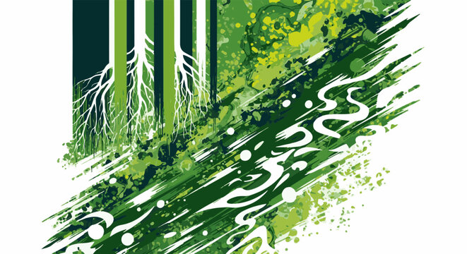 Abstract forest scene with visible roots and swirling green textures
