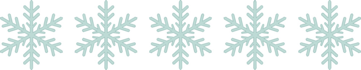 Five delicate light blue snowflakes aligned in a row on a bright white background, creating a calm and frosty winter setting. © Vector Expert
