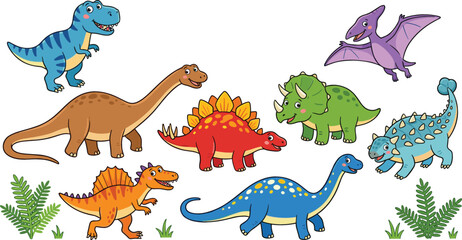 Cute Cartoon Dinosaur Character Collection Set Vector Illustration with T-Rex Triceratops Stegosaurus Brachiosaurus and Pterodactyl for Kids Graphic Designs, Stickers, and Patterns © Rumi
