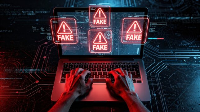A hands-on laptop showcases warning signs about fake information, highlighting concerns about cybersecurity and misinformation in the digital age.