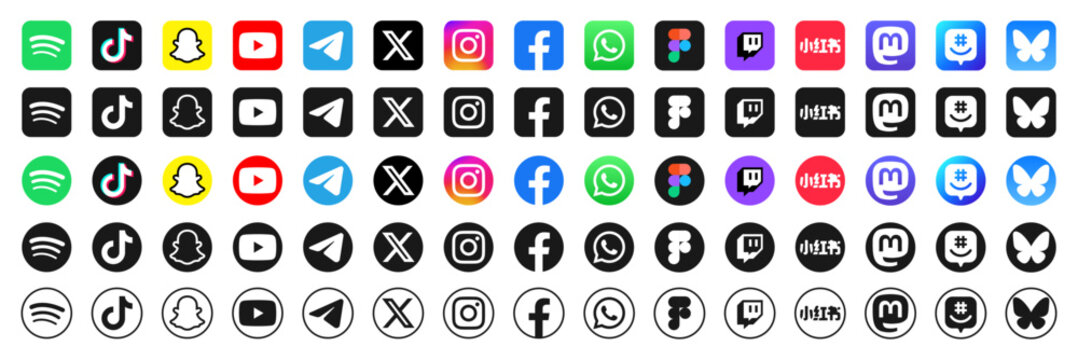 Latest social media logo icon set 2025. Bluesky, instagram, facebook, X, whatsapp, linkedin, tikTok, youtube, threads, snapchat, discord, twitch, rednote, figma