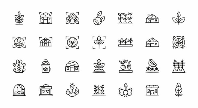 Various icons of buildings and plants.