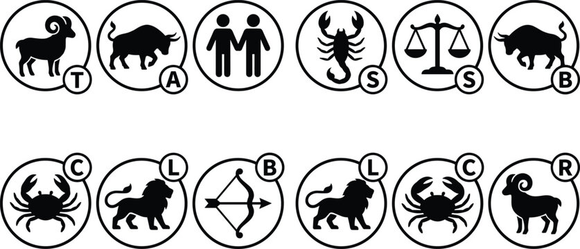 Complete Zodiac Signs Circle Icons Set with All Twelve Astrology Symbols in Black and White Vector Illustration