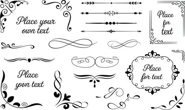 Elegant black vintage decorative ornaments and calligraphic frames for wedding invitation card designs on clean white background.