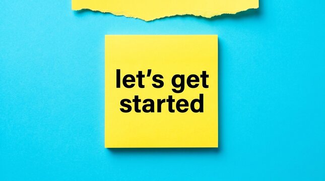 Let's Get Started Message on Yellow Sticky Note over Blue Background	