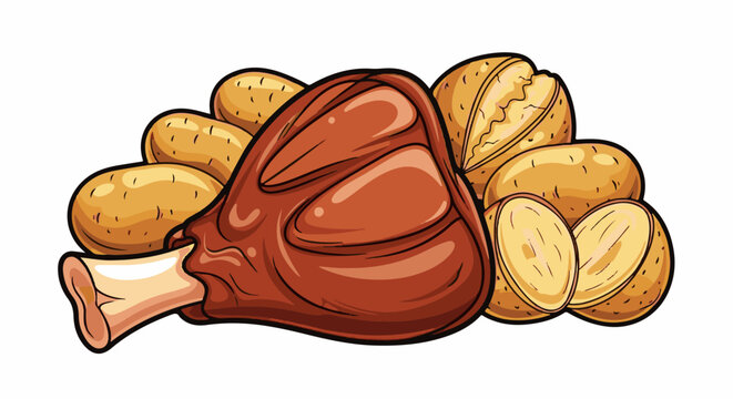 Roasted ham hock with baked potatoes, a hearty meal for dinner