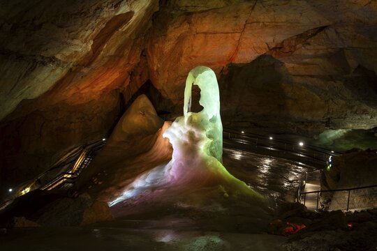 The illuminated Giant Ice Cave, a cave in the Dachstein massif. Obertraun, Salzkammergut, Upper Austria, Austria