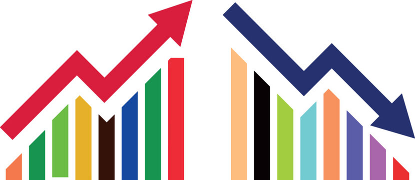 Financial stock market growth and loss bar chart set showing rising and falling business economic trends vector graphic