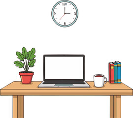 Fototapeta premium Home Office Desk with Laptop Plant Books and Clock for Remote Work