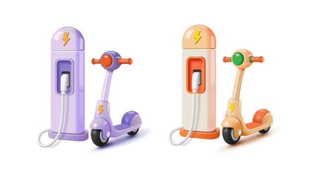 Electric cartoon detailed scooter with charging charging set of 3d illustrations