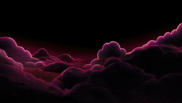 Digital art featuring stylized, undulating clouds in varying sizes and depths set against a dark, gradient background