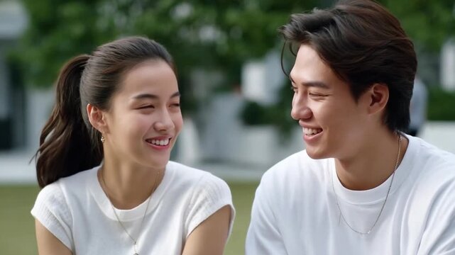 Young Love's Glow: A sweet moment between a young couple, their faces alight with genuine smiles as they share a joyful glance outdoors.