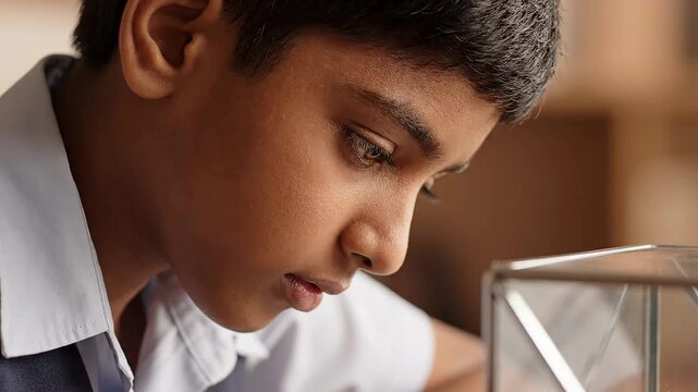 Focused Indian schoolboy studying a geometric model, demonstrating student learning and concentration in India education.