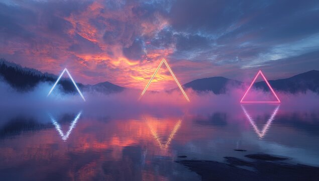 Dramatic sunset scene over a calm lake with three glowing neon triangles, mirrored in the water. Mountains and clouds create the backdrop