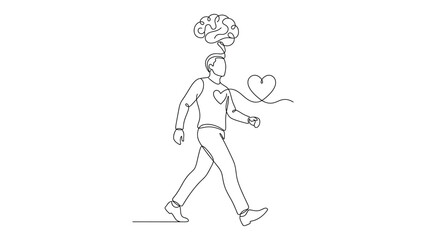 Fototapeta premium Man walking with heart and brain thoughts.