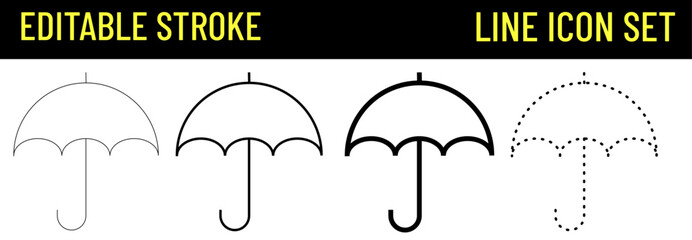 Umbrella line icon set, editable stroke weather design, rain protection symbol, black outline dashed graphic, simple autumn sign, minimal safety shape, isolated classic parasol element bundle. © gnm