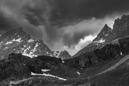 Dark clouds over the Valais Alps, black and white photo, near Grimentz, Val d'Anniviers, Valais Alps, Canton Valais, Switzerland