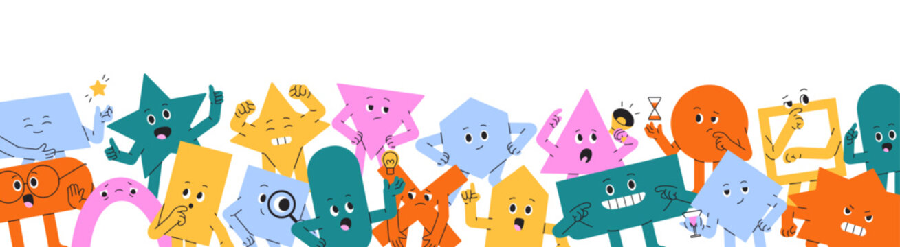 Design of border from crowd of different geometric shapes. Group of cute math figures with various emotions on faces. Happy squares, sad circles. Flat isolated vector illustration on white background