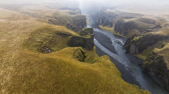 Fjadrarglijufur Canyon in the fog, Justin Bieber Canyon, drone shot, Sudurland, Iceland