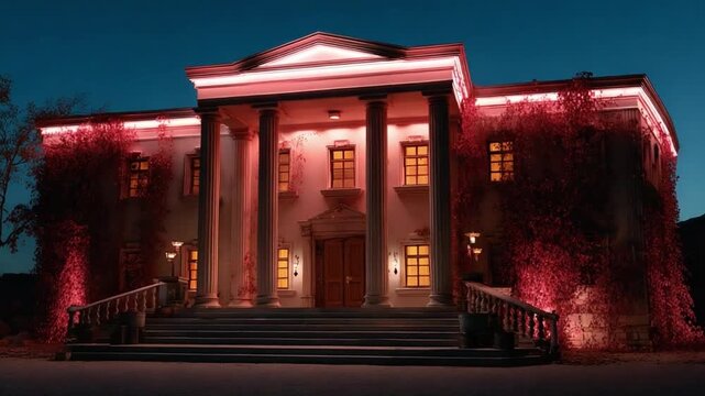 Gothic Grandeur at Dusk: A majestic mansion with classical columns and vine-covered facade is illuminated by eerie red lights at twilight, creating a hauntingly beautiful atmosphere.