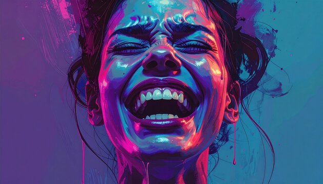 A portrait of a woman's face, wide-mouthed in an expressive display of strong emotion