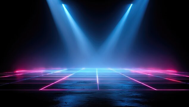 Futuristic stage with a neon grid floor and bright blue spotlights illuminating the space with a darkened backdrop