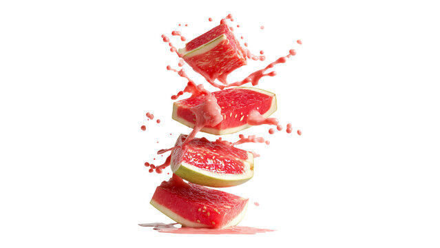 Stacked Watermelon Slices Falling with Pink Juice Splash Isolated Transparent Background