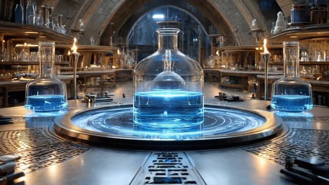 Alchemy Laboratory: A mystical laboratory with glowing blue liquids in beakers and flasks on a circular platform, surrounded by shelves filled with ancient equipment and mystical artifacts.