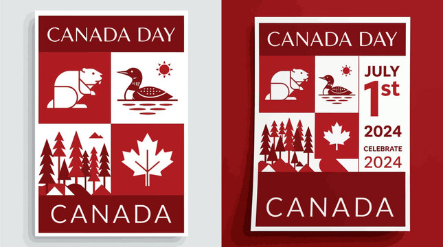 Canada day celebration poster design featuring geometric icons of beaver loon maple leaf and pine forest in minimalist red and white flat graphic style