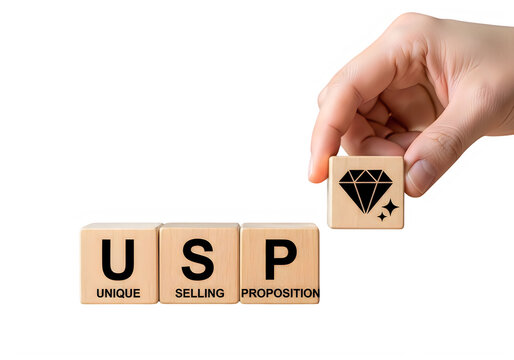 Hand holding a wooden block with heart icon over usp letters on wooden blocks for business value and marketing strategy