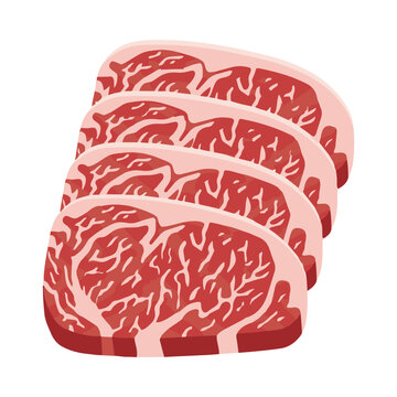 Fresh Raw Wagyu Beef Slices Marbled Meat Flat Vector Illustration Isolated White Background