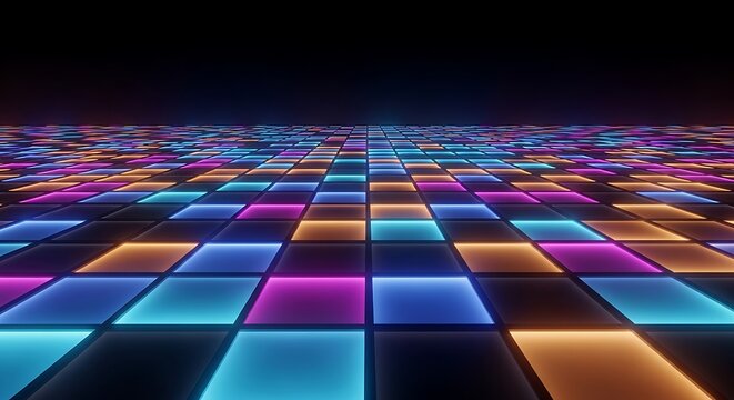 Retro neon disco dance floor with glowing colorful square tiles