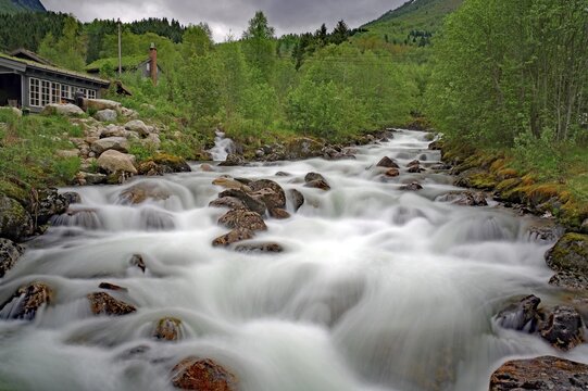 A streaming river flows through a green forest with a small house in the background, long exposure, fjord, Norway