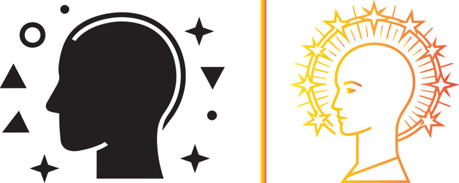 Human head profile vector icons with celestial stars and radiant halo for enlightenment and consciousness concepts