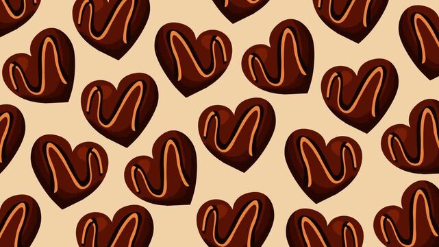Seamless looping pattern of glossy chocolate heart candies with decorative icing on a soft beige background. Perfect for Valentine&rsquo;s Day promotions, romantic visuals
