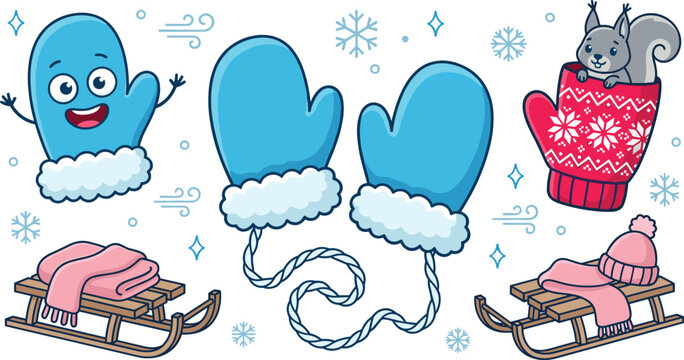 Winter mittens vector set with cute mascot squirrel sledge scarf and hat elements isolated on white background for Christmas holiday greeting card design
