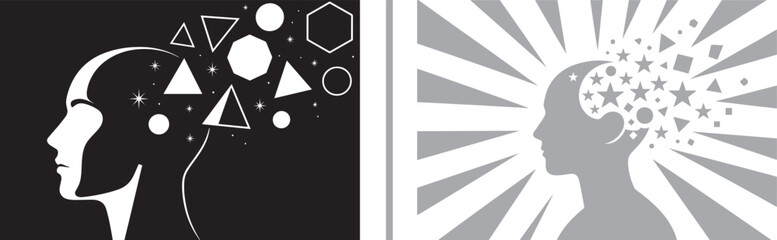 Human head profile silhouette with geometric shapes and stars vector illustration for creativity and mental health © reza