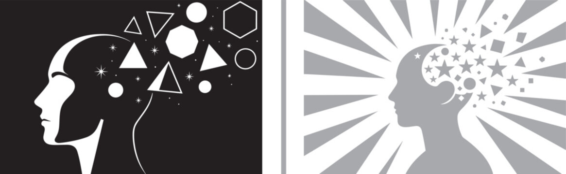 Human head profile silhouette with geometric shapes and stars vector illustration for creativity and mental health