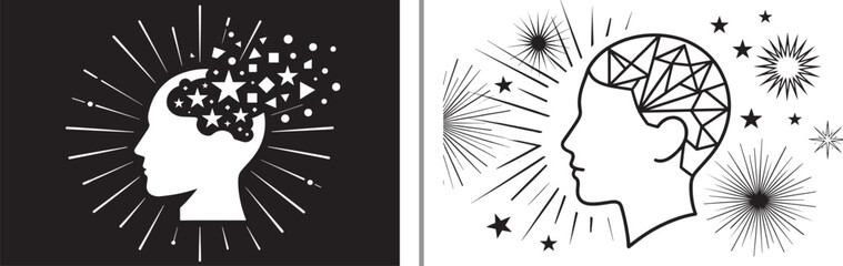 Human head profile vector icons with abstract brain patterns and star bursts for psychology and creativity concepts © reza