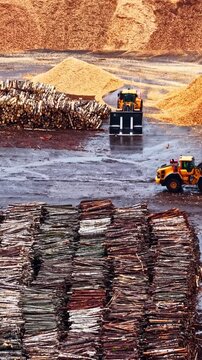 Log piles and wood chips at active sawmill industrial yard in Latvia, aerial vertical backdrop